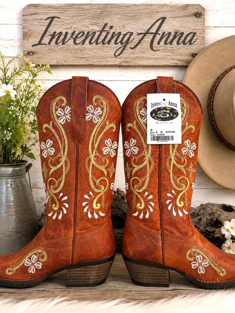 STERLING RIVER Rusty Orange Western Boots Mexican Artisan Embroidery Rubber Sole